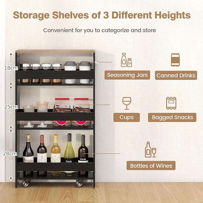 TANGZON 4-Tier Storage Trolley, Slide Out Slim Rolling Kitchen Cart - Image 2