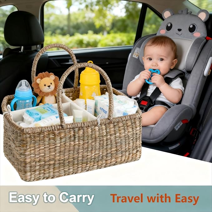 Premium Wicker Baby Diaper Caddy Organizer, Woven Seagrass Basket - Image 3