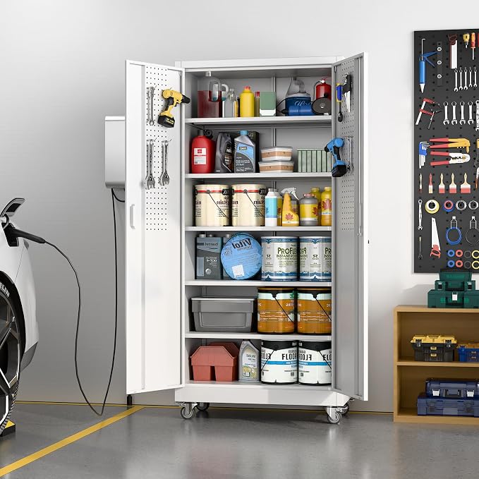 Garage Storage Cabinet with Wheels & Pegboard, Assembly Required - Image 4