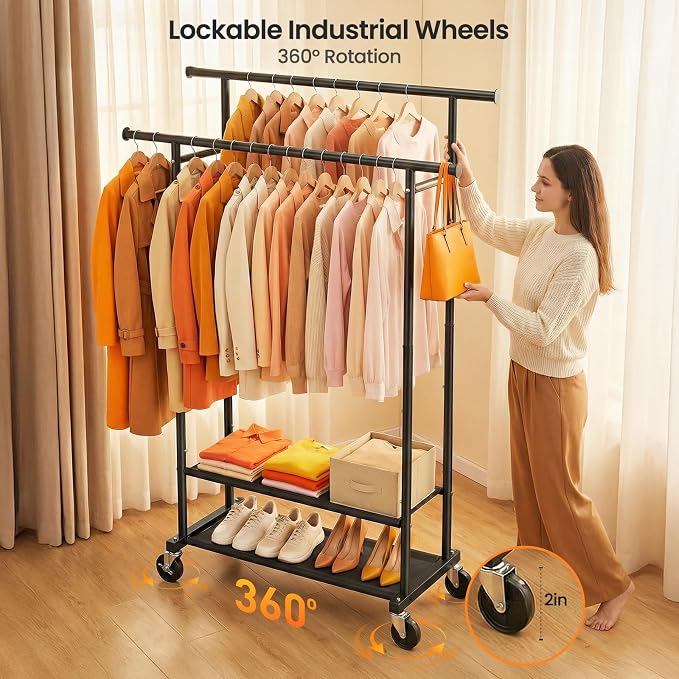 Double Rods Clothes Rack, Rolling Clothing Rack - Image 4
