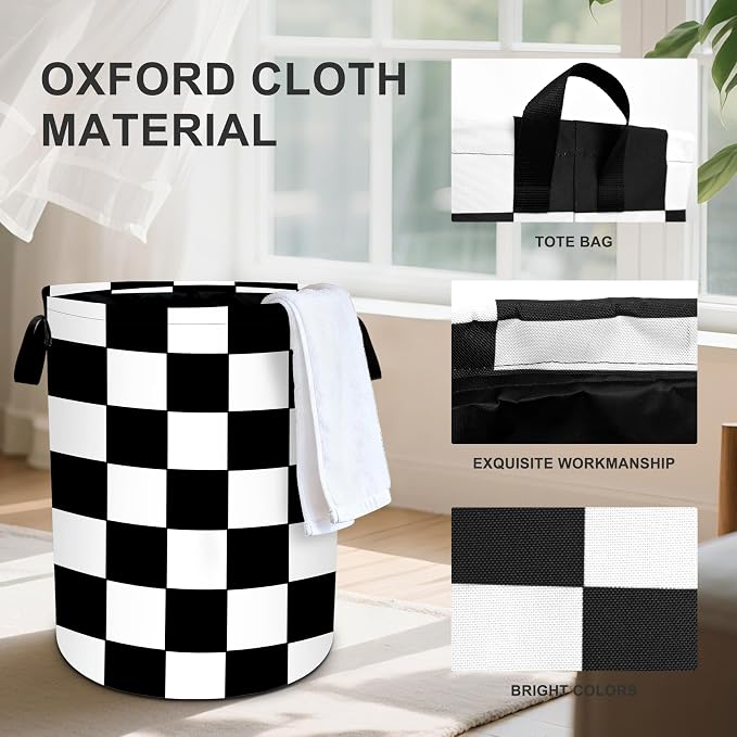 Black White Checkered Laundry Basket Storage Bin Foldable Laundry Hamper - Image 3