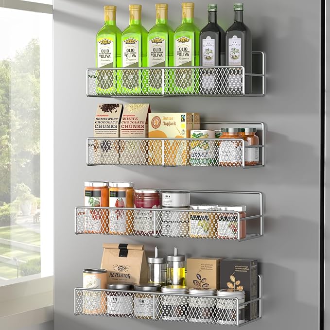 Magnetic Spice Rack for Refrigerator, 4 Pack 100% Metal Strong Magnet Fridge by DTUQYX