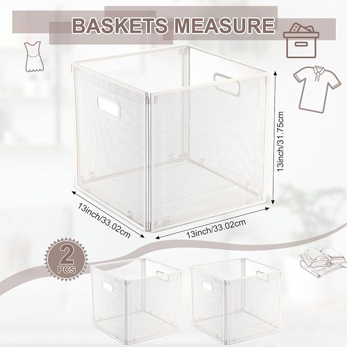 2 Pcs Easter Foldable Metal Cube Storage Baskets 13" x 13" White Kitchen Wire - Image 2