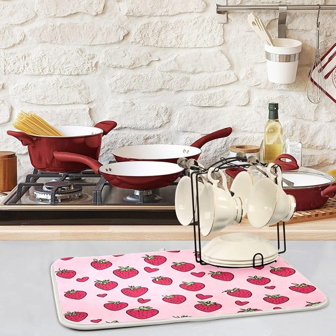 Sweet Cute Strawberry Hearts Floral 16 x 18 Inches Absorbent Dish Drying Mat - Image 4