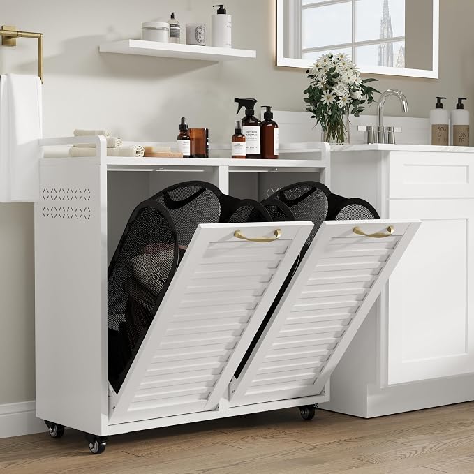100L Dual Laundry Hamper with Wheels, Metal Rolling Laundry Cabinet with 2 - Image 4