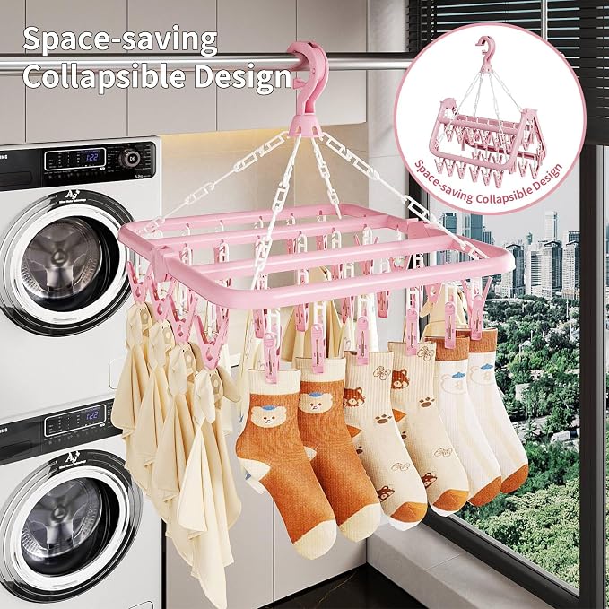 Clothes Drying Rack with 32 Clips, Foldable Hanging Rack, 360° Rotatable Hook - Image 8