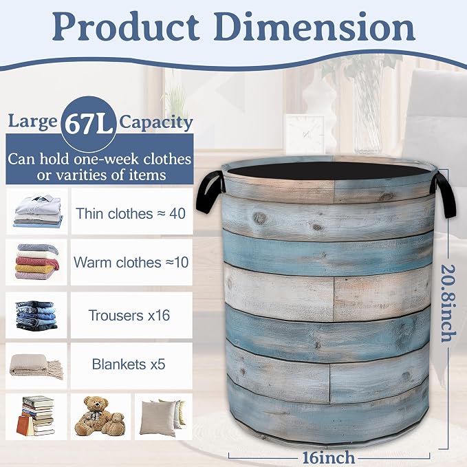 Rustic Wood Grain Laundry Basket, Foldable Waterproof Oxford Cloth Tote Bag - Image 2