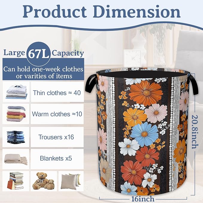 Boho Flowers Laundry Basket, Oxford Cloth Vintage Laundry Hamper - Image 2