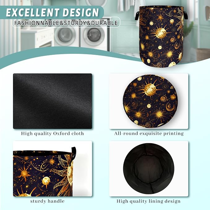Golden Sun Pattern Laundry Basket Galaxy Funny Laundry Hamper Foldable Oxford - Image 4