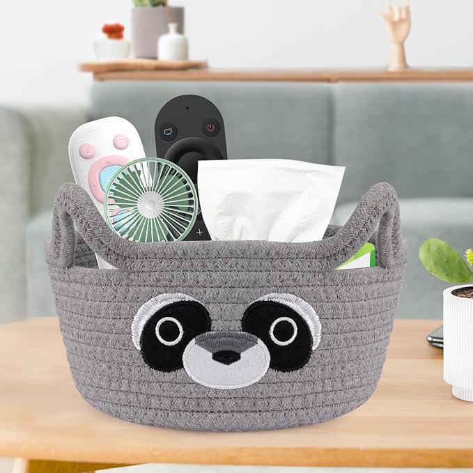 Small Storage Basket for Nursery, Raccoon Storage Basket, Round Woven Rope - Image 2