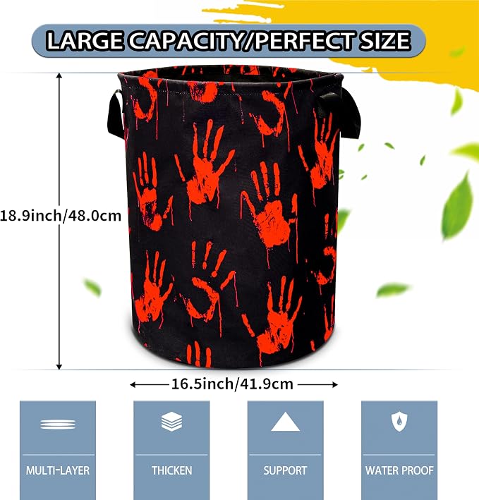 Blood Spatter Hand Print Laundry Basket Blood Drop Pattern Foldable Oxford - Image 2