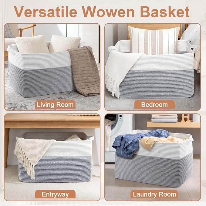 105L XXXL Large Blanket Basket, Rectangular Cotton Rope Basket, Laundry Hamper - Image 6