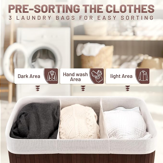 150L Laundry Hamper with lid, 3-Section Clothes Laundry Basket with Handles - Image 3