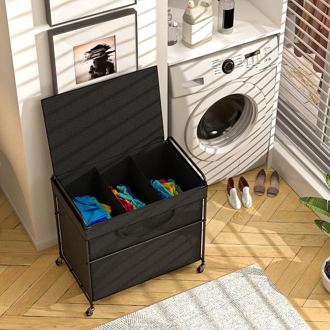 180L Large Laundry Hamper, 3 Compartment Laundry Basket - Image 2