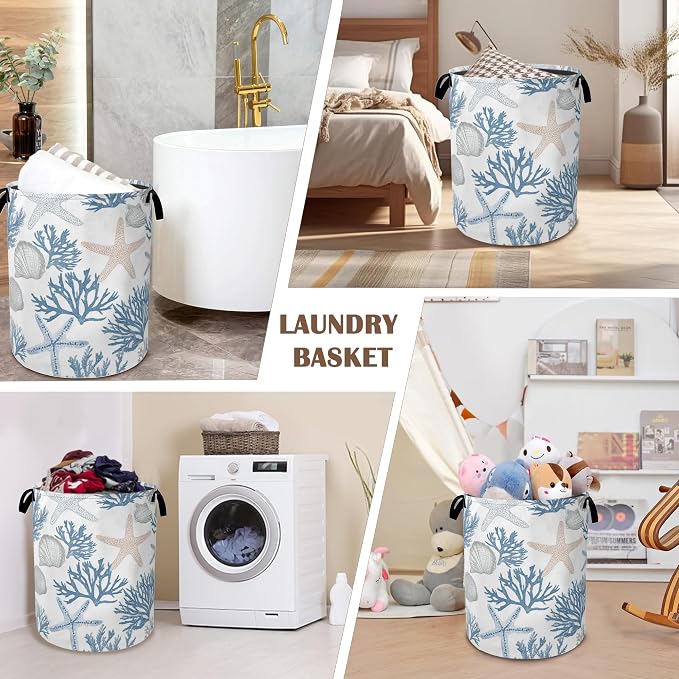 Starfish Seashell Laundry Basket, Coral Collapsible Laundry Baskets - Image 7