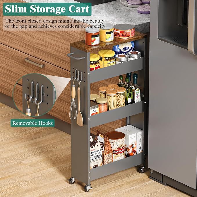 Slim Storage Cart, 4-Tier Kitchen Rolling Cart Narrow Storage Cabinet - Image 2