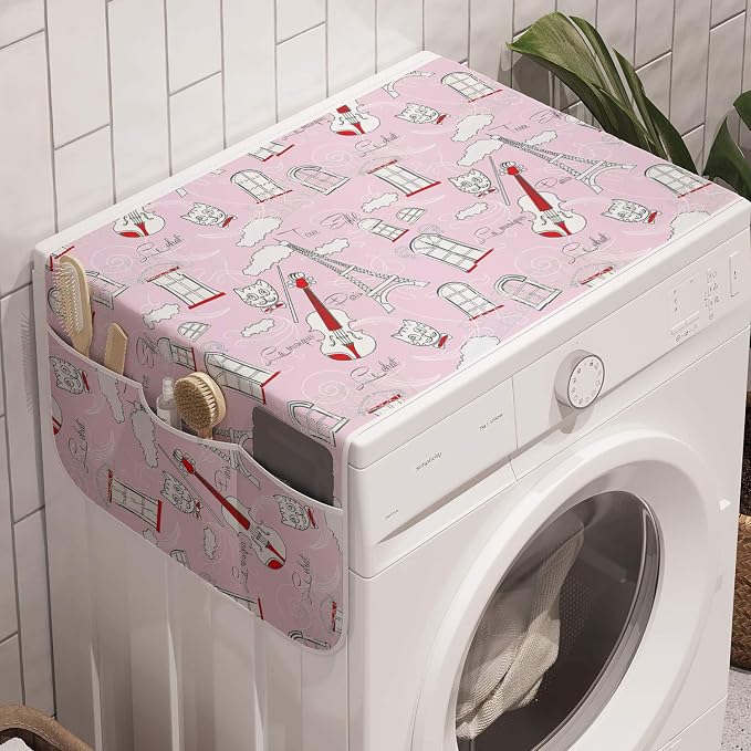 Ambesonne Paris Washing Machine Organizer, Abstract City Image Violin Cat by Ambesonne