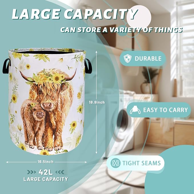 Highland Cow Laundry Hamper Sunflower Flowers Laundry Basket - Image 2
