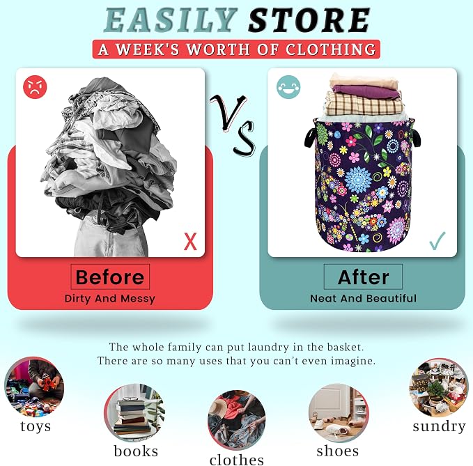 Colorful Hippie Flowers Dargonfly Laundry Basket Foldable Oxford Cloth Laundry - Image 3
