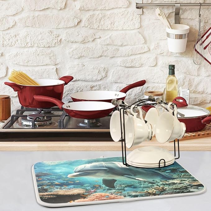 Summer Lifelike Ocean Coral Dolphin Absorbent Dish Drying Mat Microfiber - Image 2