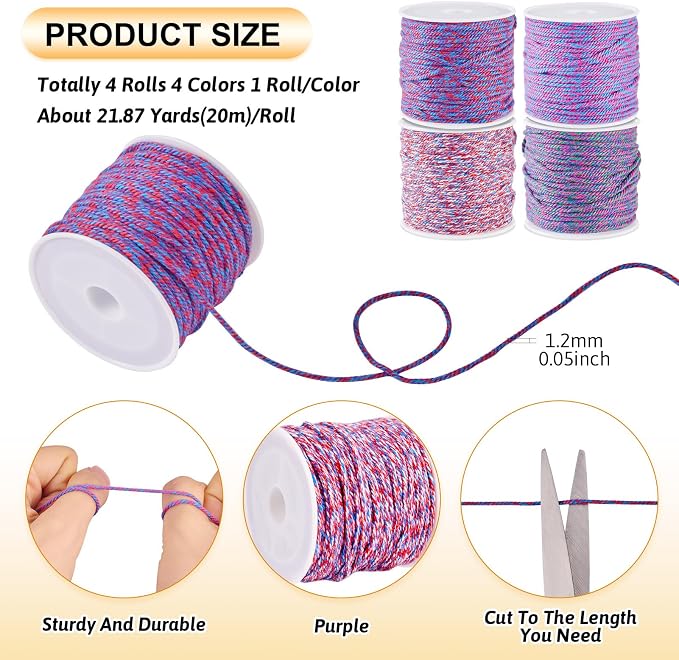 4 Rolls Braided Cotton Cord Purple Thin Macrame Thread 1.2 mm Twisted Beading - Image 4