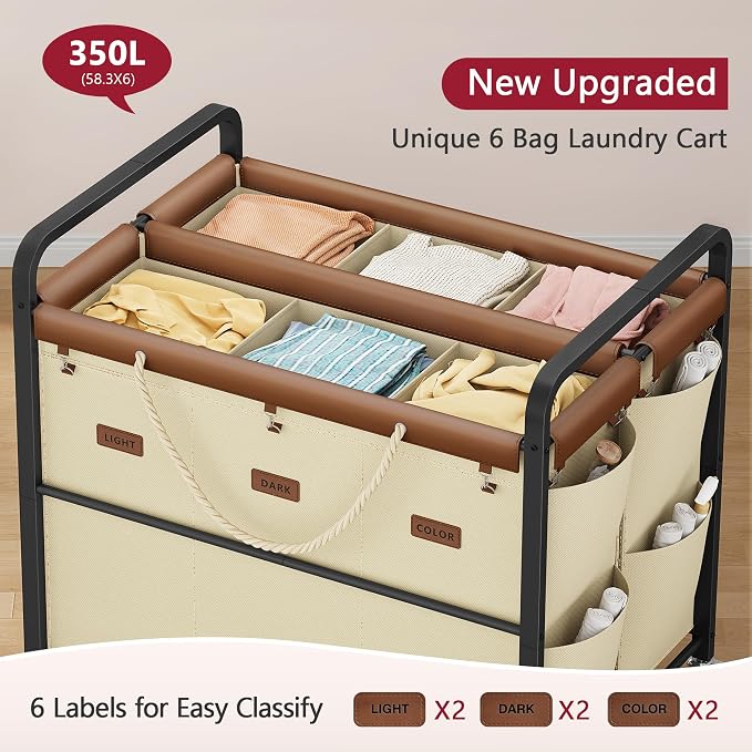 Tajsoon 350L Extra Large Laundry Hamper 6 Section, Heavy Duty Laundry Cart - Image 3