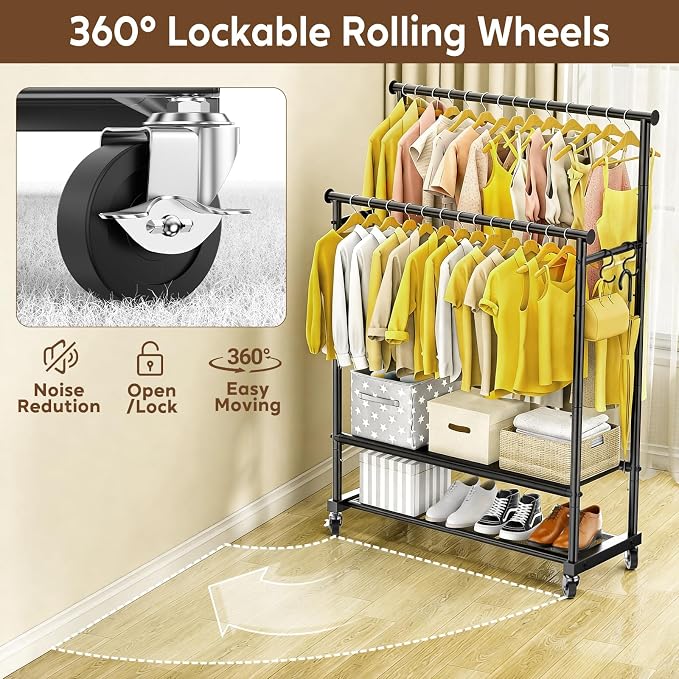 Rolling Clothes Rack with Doule Rod - Image 3