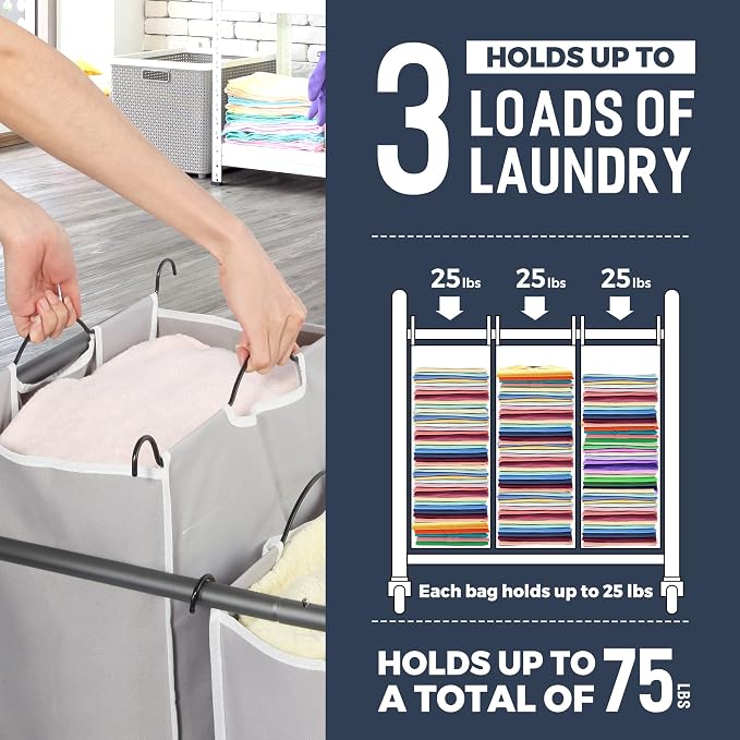 STO STO Laundry Sorter 3 Section, 3 Bag Clothes Hamper, Rolling Laundry Cart - Image 4