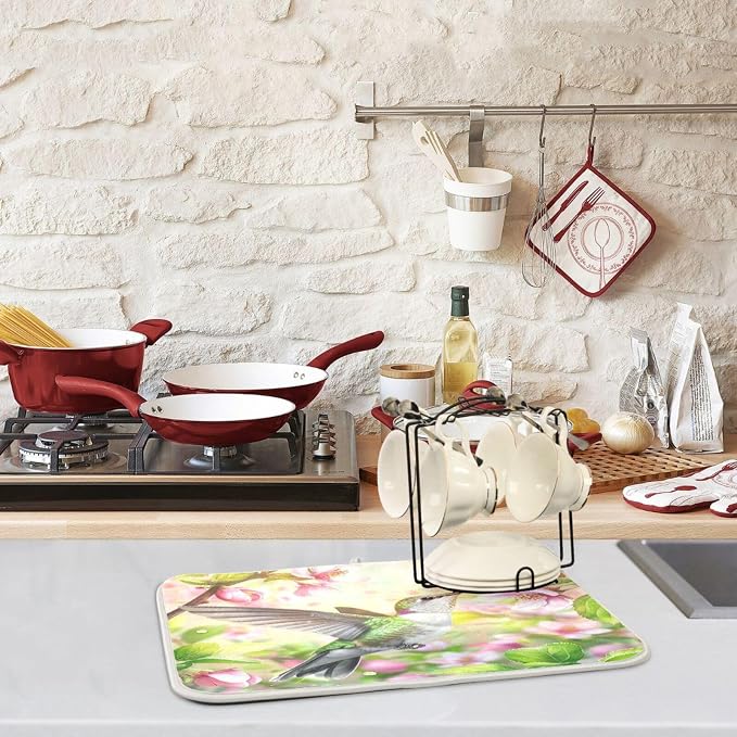 Attractive Kitchen Countertop Dish Drying Mat, Beautiful Pink Flowers - Image 2