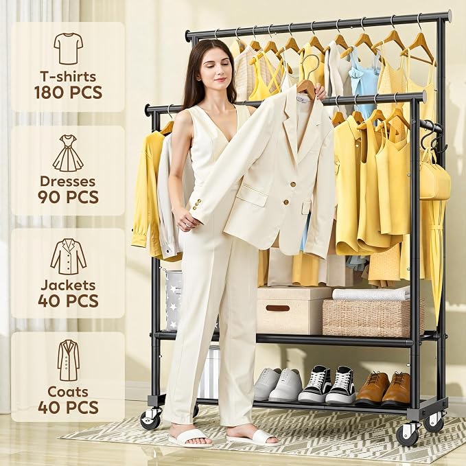 Rolling Clothes Rack with Doule Rod - Image 6