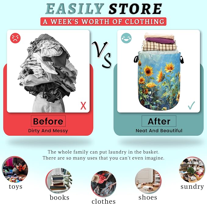 Watercolor Sunflower Laundry Basket Flowers Funny Laundry Hamper Foldable - Image 3