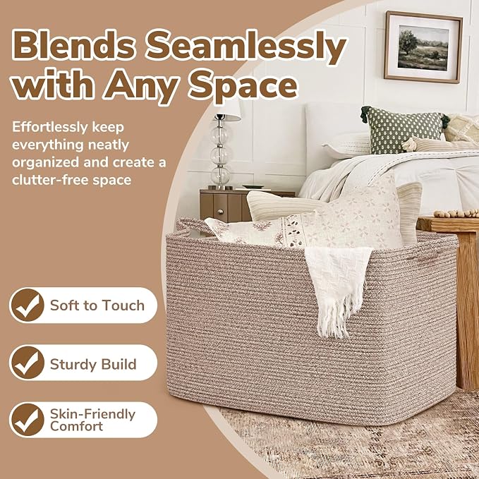 Goodpick 105L Large Woven Storage Basket, Rectangle Cotton Rope Basket - Image 5