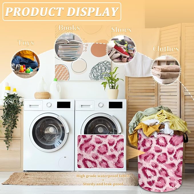 Pink Leopard Print Laundry Basket, Animal Skin Laundry Hamper Foldable - Image 4
