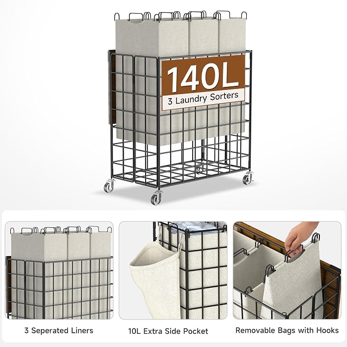 Laundry Basket with Wheels, Heavy Duty Laundry Sorter 3 Sections, 140L Large - Image 3