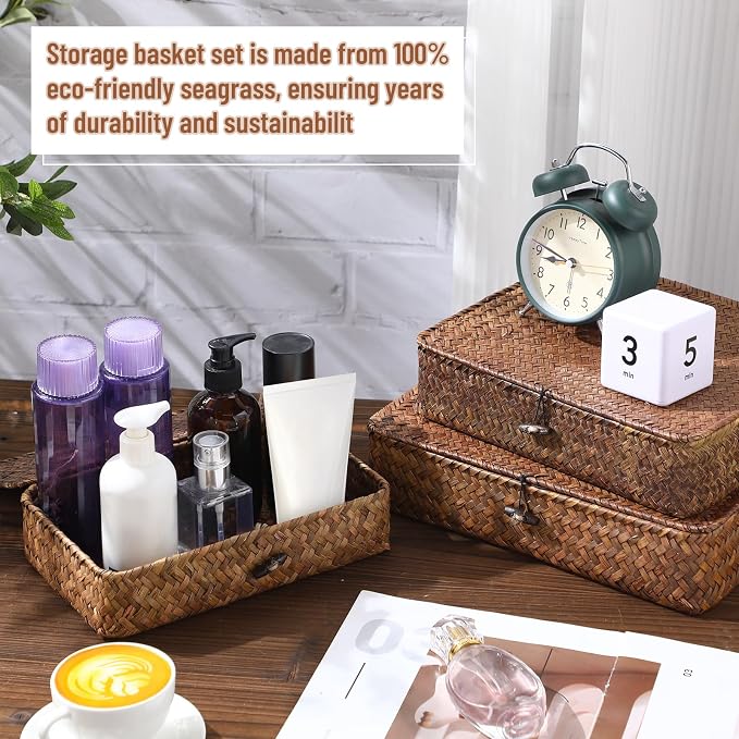 Set of 4 Seagrass Basket with Lid Wicker Storage Basket Decorative Storage - Image 4