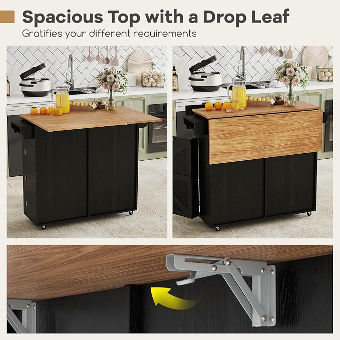 Rolling Kitchen Island with Trash Can Storage Cabinet, Drop Leaf Breakfast Bar - Image 4