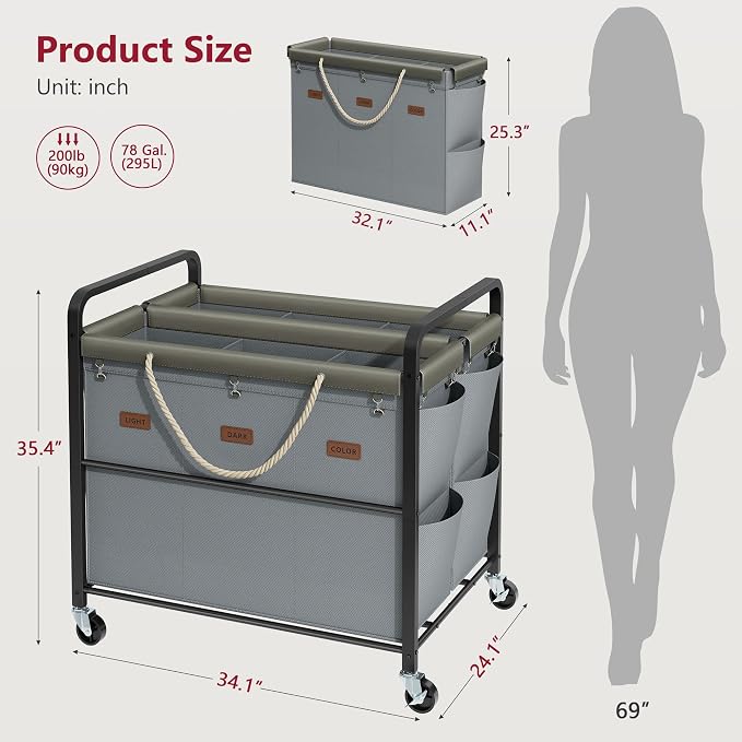 Tajsoon 350L Extra Large Laundry Cart 6 Section, Heavy Duty Laundry Sorter - Image 8
