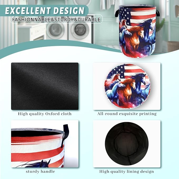 American Flag Horse Laundry Basket Patriotic Foldable Funny Laundry Hamper - Image 4