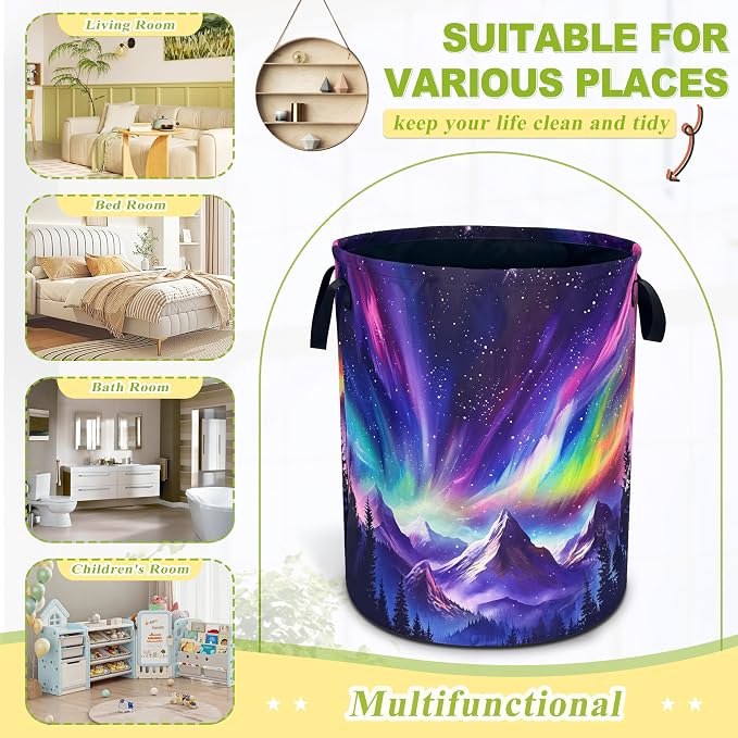 Aurora Mountains Laundry Basket Night Sky Forest Foldable Waterproof Oxford - Image 2