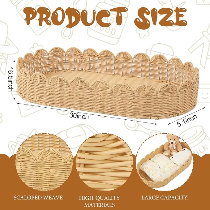 Handmade Scalloped Rattan Baby Changing Basket 30 x 16.5 x 5.1 Inch Changing - Image 2