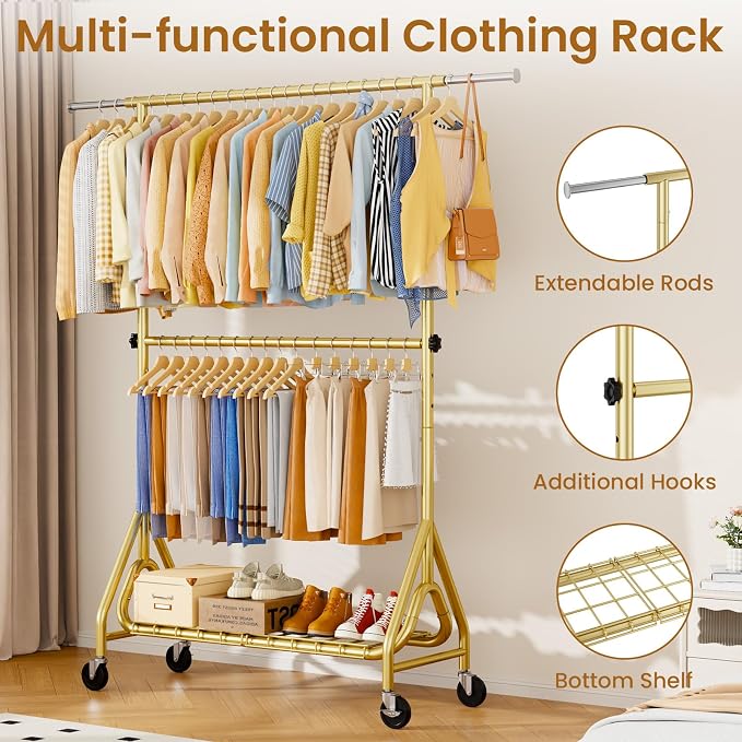 Heavy Duty Clothes Rack for Hanging Clothes, Double Rods Clothing Rack - Image 3