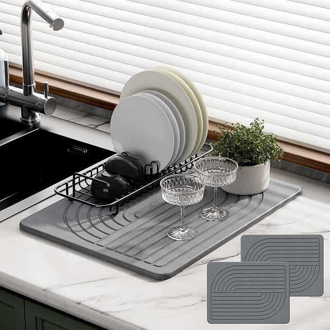2-Pack Stone Dish Drying Mat for Kitchen Counter, Diatomaceous Earth Drying Mat by SlowSLog