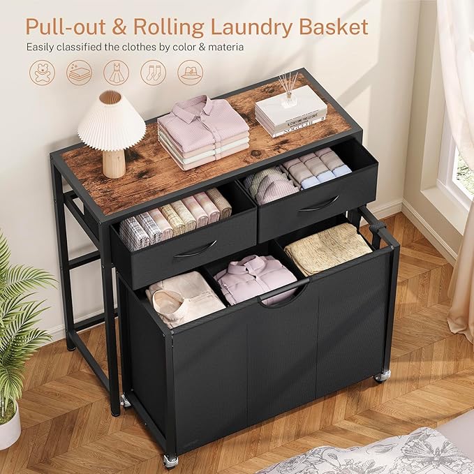 Laundry Sorter 3 Section with Tabletop & 2 Drawers, Rolling Laundry Hamper with - Image 5