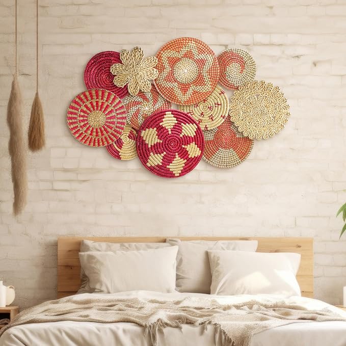 Tatuo 11 Pcs Boho Wall Basket Decor Decorative Bulrush Woven Basket Wall Decor - Image 7