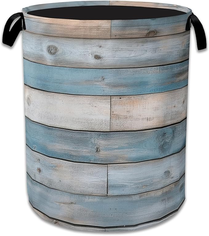 Rustic Wood Grain Laundry Basket, Foldable Waterproof Oxford Cloth Tote Bag by Unknown