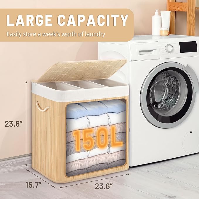 150L Laundry Hamper with lid, 3-Section Clothes Laundry Basket with Handles - Image 2