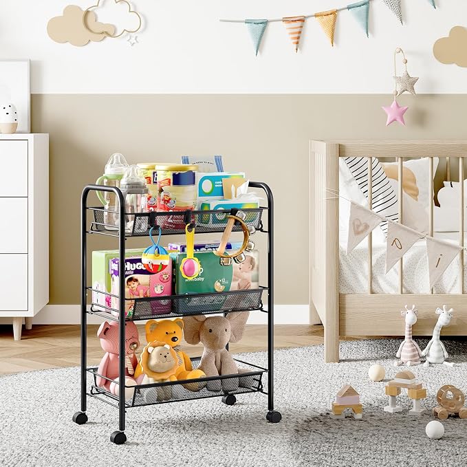 Metal Rolling Utility Cart, 3-Tier Mesh Wire Storage Trolley - Image 5