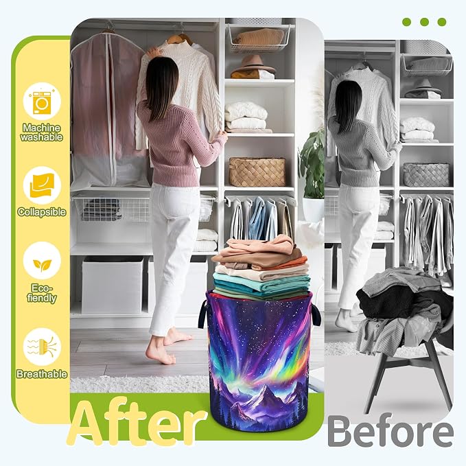 Aurora Mountains Laundry Basket Night Sky Forest Foldable Waterproof Oxford - Image 5