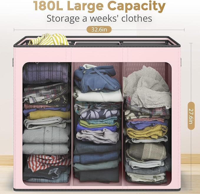 180L Laundry Hamper 3 Section, Large Laundry Basket - Image 4