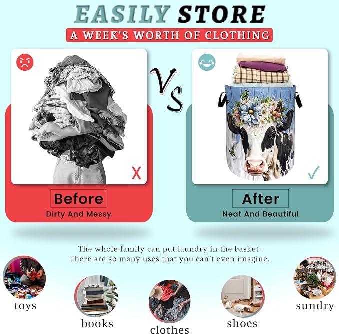 Cute Cow Laundry Basket Foldable Oxford Cloth Animal Cows Laundry Hamper - Image 3